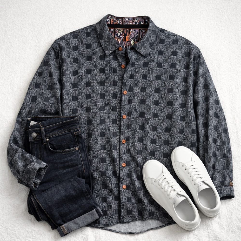 Au Noir Checkered Cotton Button Down Shirt Grey Patterned Size 4XL Dadcore